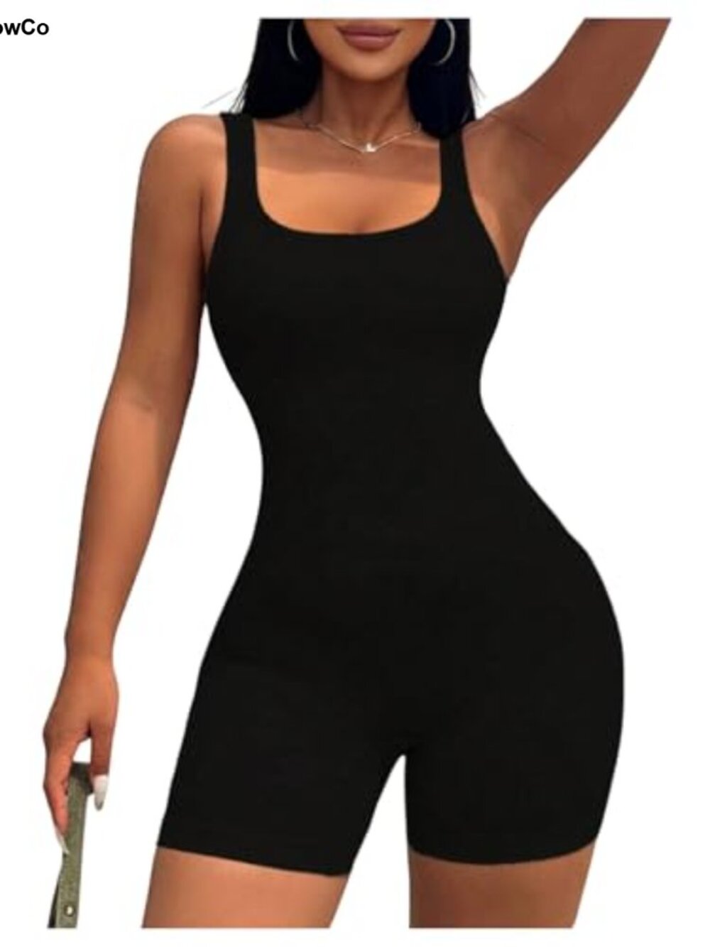 Women's Square Neck Sleeveless Ribbed Romper High Stretch Jumpsuit Casual
